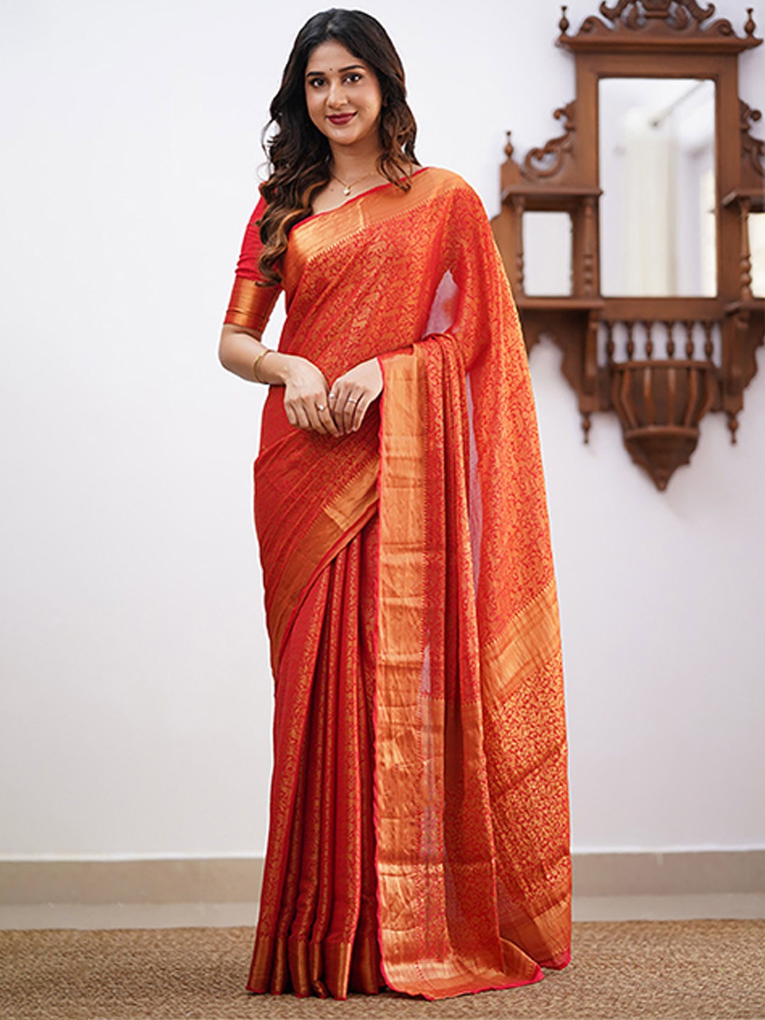 

BerMondsey Ethnic Motifs Woven Design Zari Banarasi Saree, Red