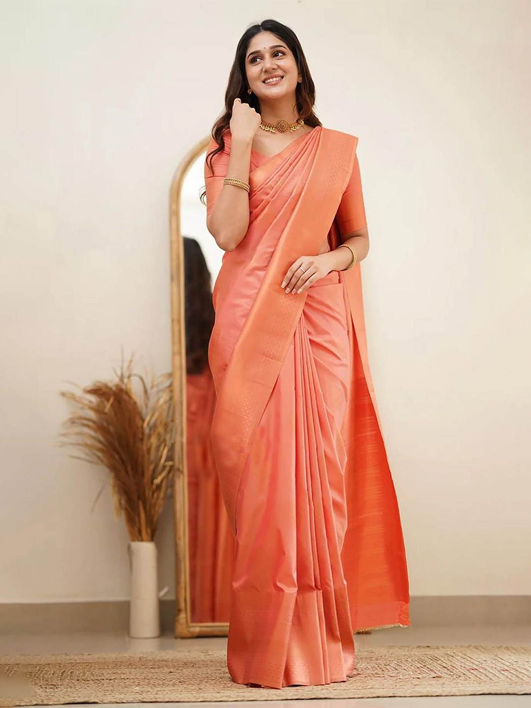 

BerMondsey Ethnic Motifs Woven Design Zari Banarasi Saree, Orange