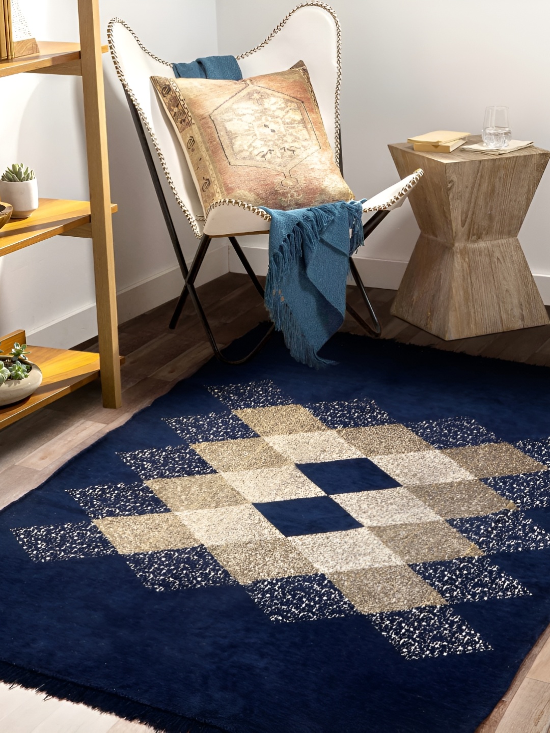 

bsb home Navy Blue Geometric Anti-Skid Chennile Carpet