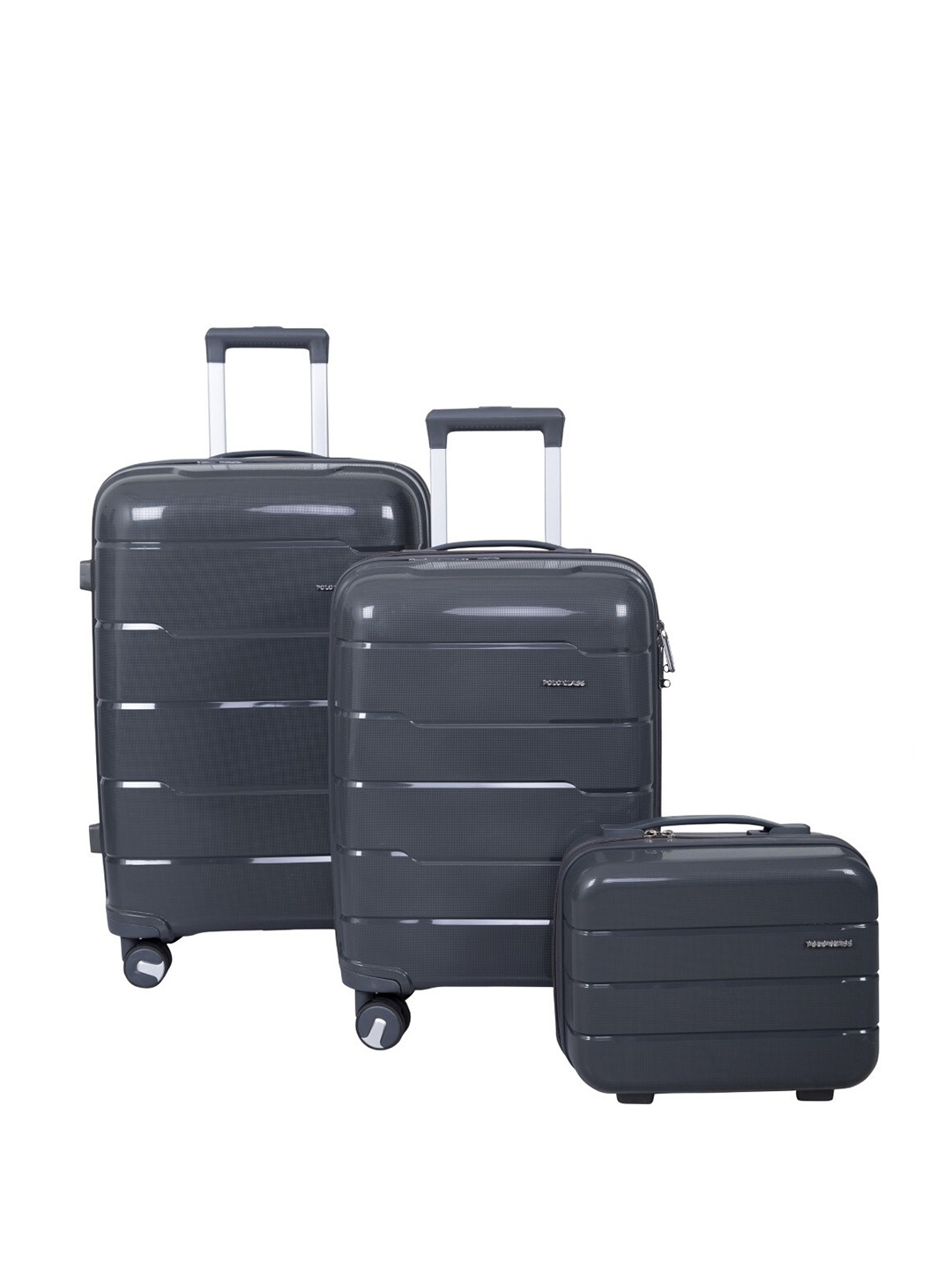 

Polo Class Set Of 3 Textured Hard-Sided Trolley Suitcases With 1Pc Vanity Bag-50 L, Grey