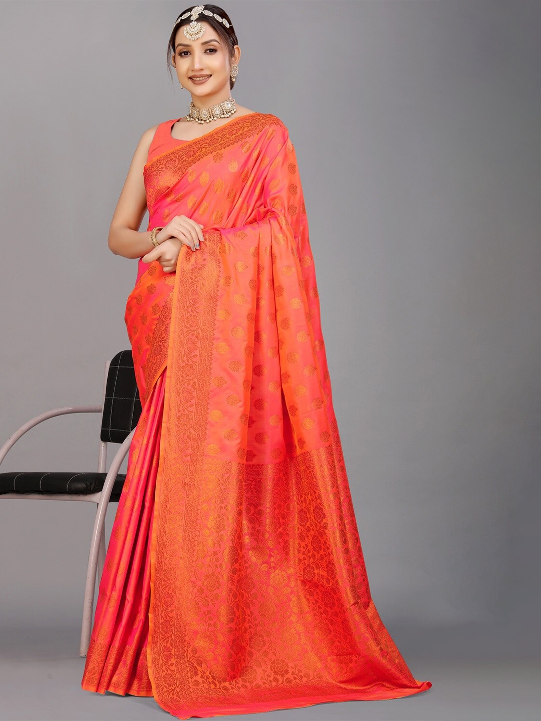 

CANIZZARO Ethnic Woven Design Zari Pure Silk Banarasi Saree, Orange