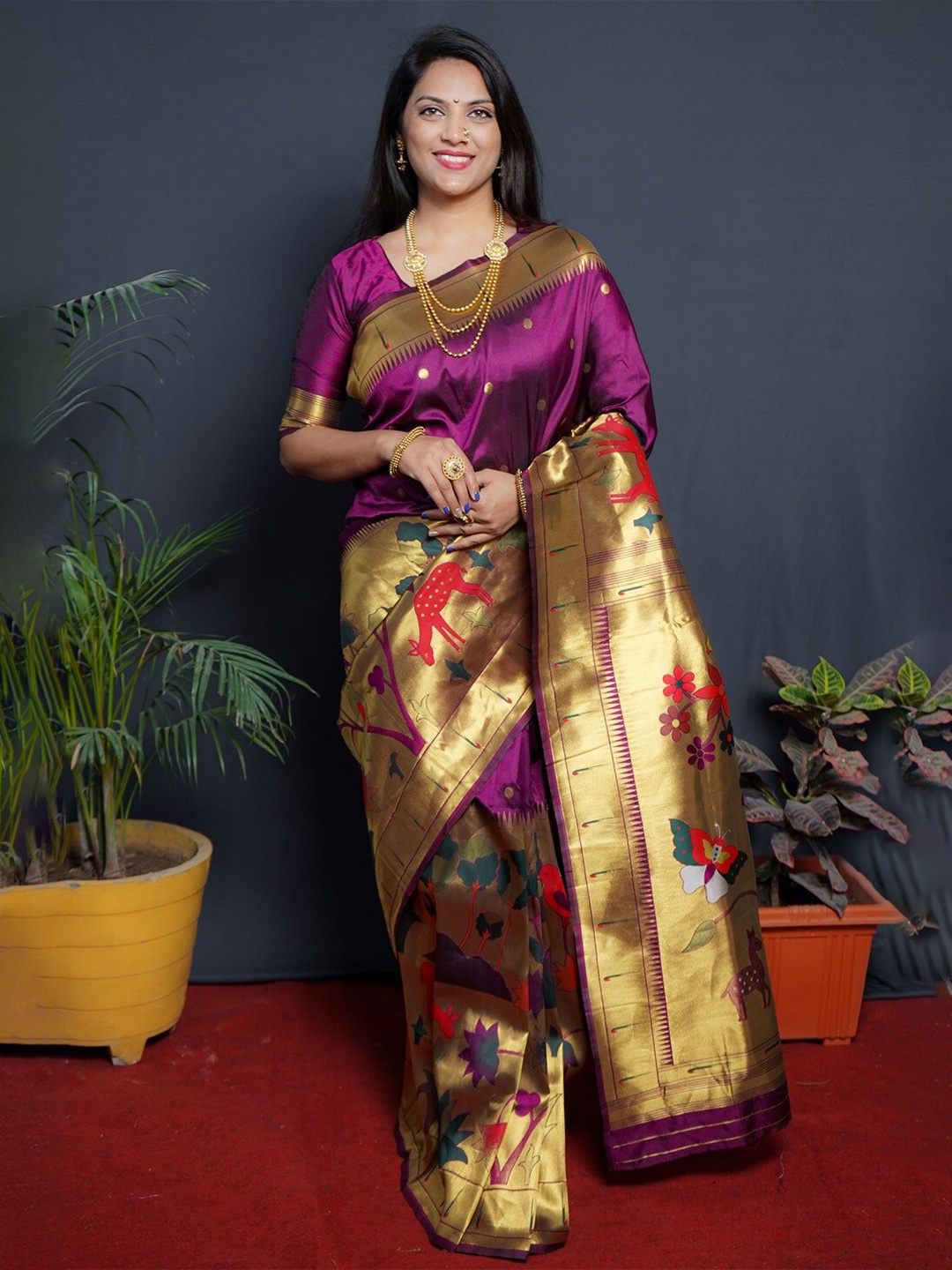 

CANIZZARO Ethnic Motifs Woven Design Zari Pure Silk Paithani Saree, Magenta