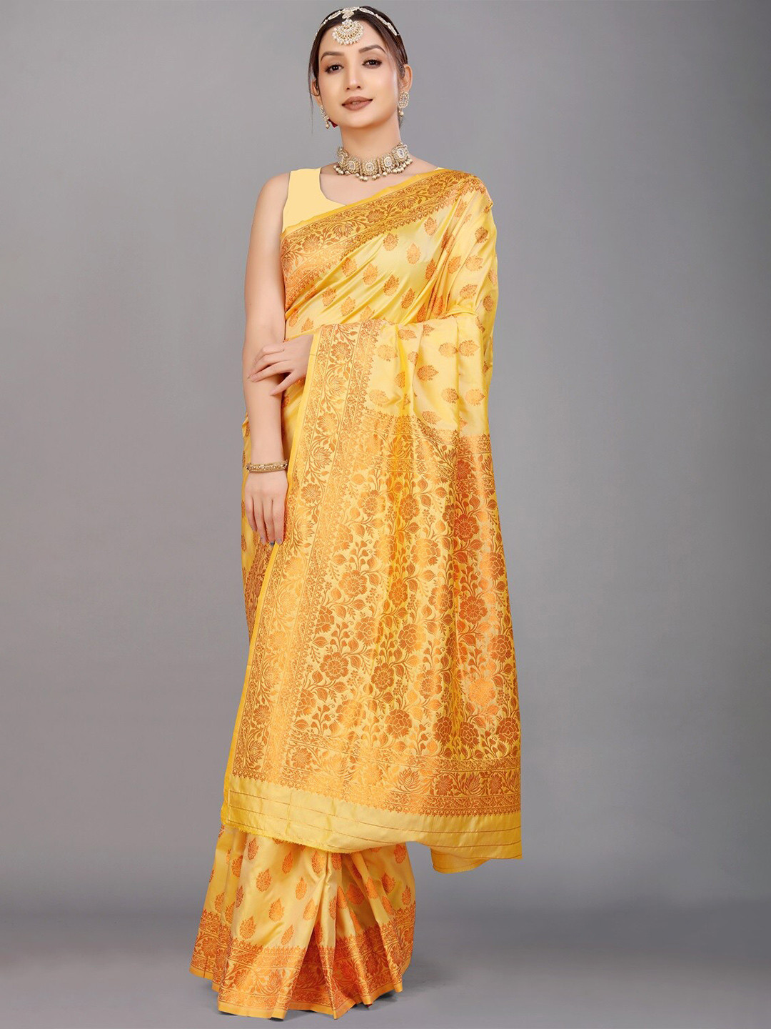 

CANIZZARO Ethnic Motifs Zari Pure Silk Banarasi Saree, Yellow