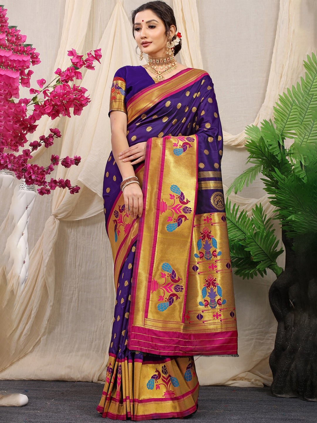

CANIZZARO Ethnic Woven Design Zari Pure Silk Paithani Saree, Purple