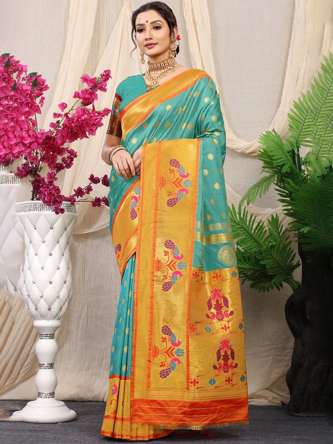 

CANIZZARO Ethnic Motifs Woven Design Zari Pure Silk Paithani Saree, Turquoise blue