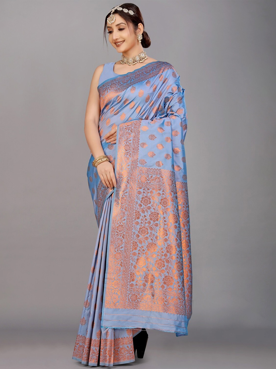 

CANIZZARO Ethnic Motifs Woven Design Zari Pure Silk Banarasi Saree, Grey