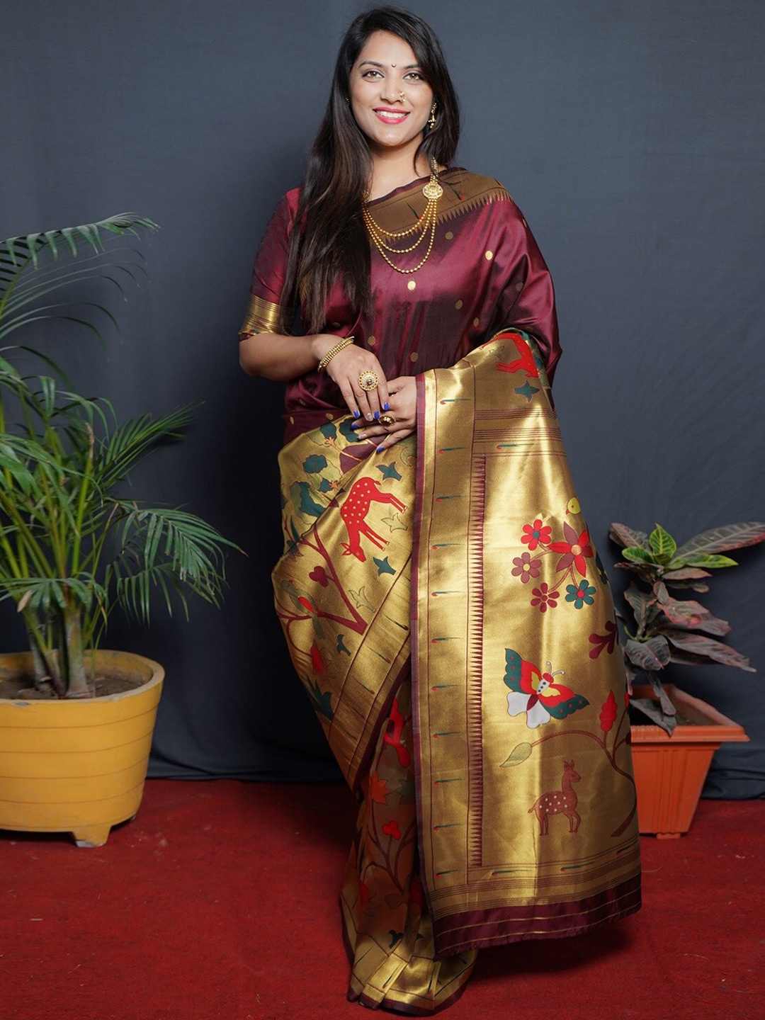 

CANIZZARO Ethnic Motifs Woven Design Zari Pure Silk Paithani Saree, Maroon