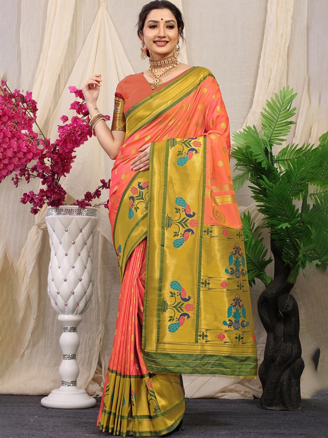 

CANIZZARO Ethnic Motifs Woven Design Zari Pure Silk Paithani Saree, Peach