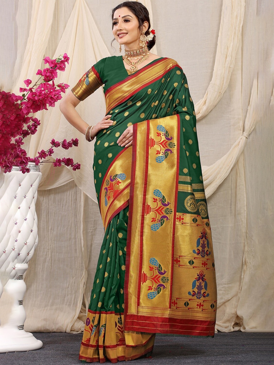 

CANIZZARO Ethnic Motifs Zari Pure Silk Paithani Saree, Green