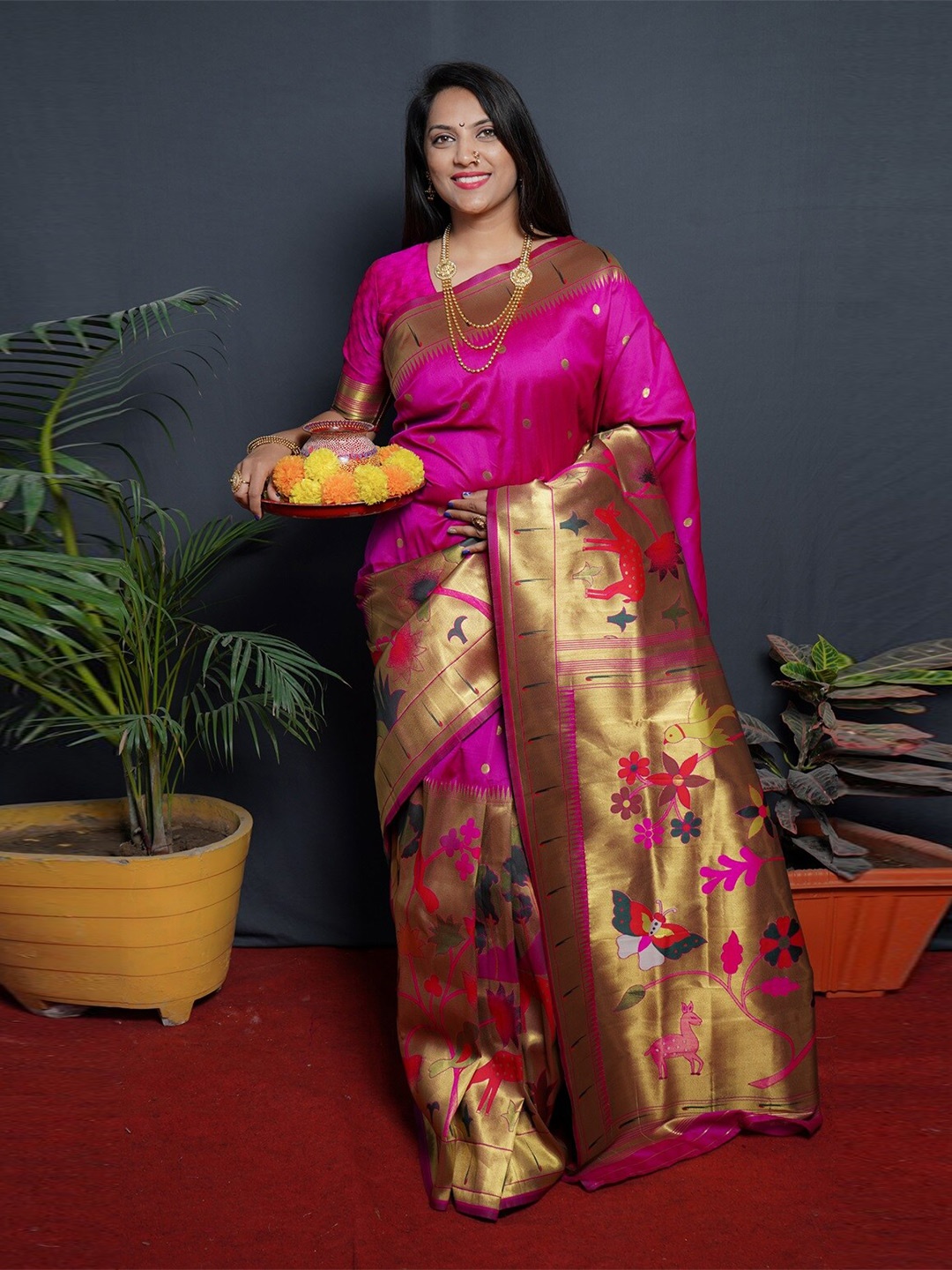 

CANIZZARO Ethnic Motifs Zari Pure Silk Paithani Saree, Pink