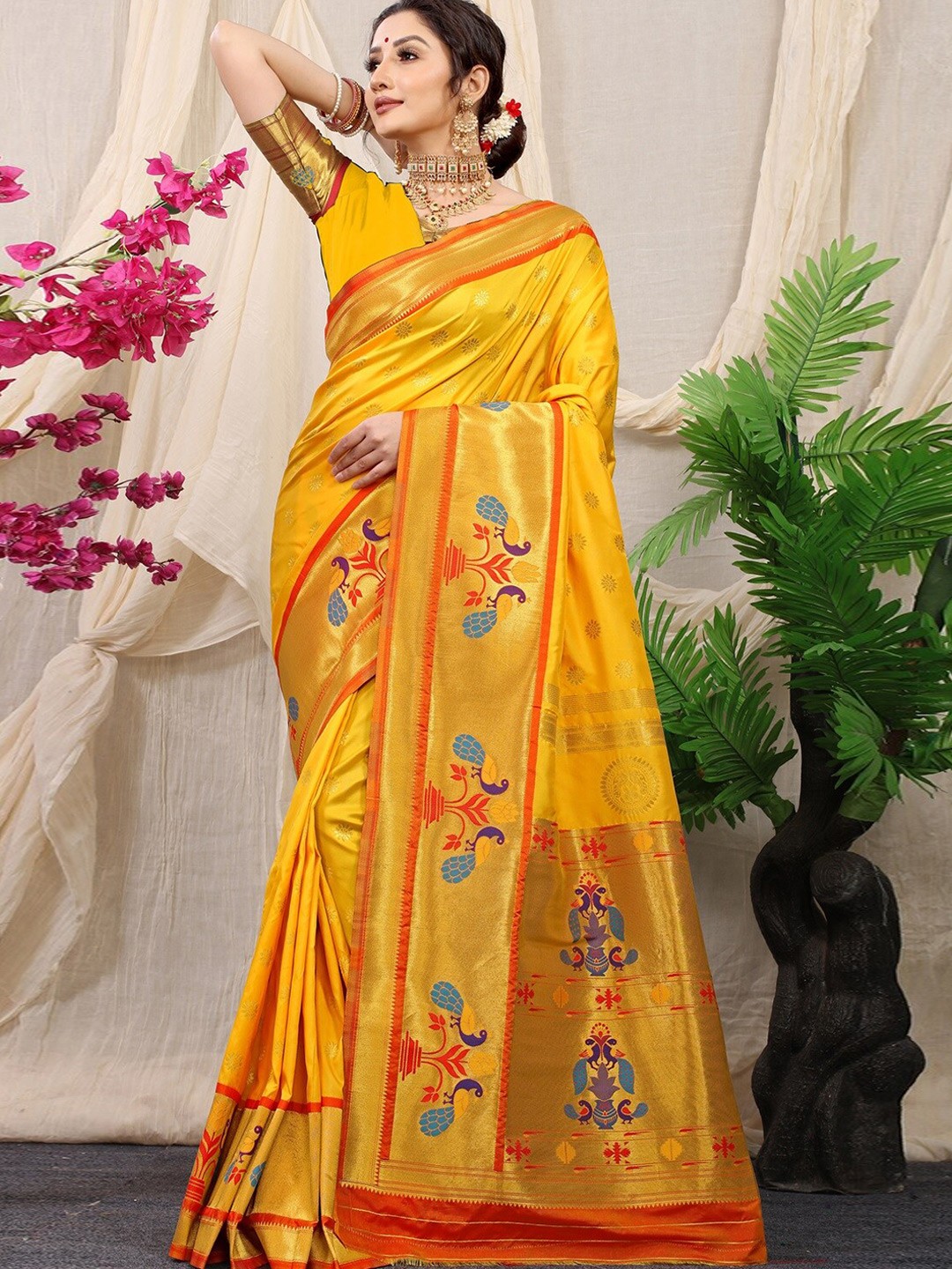 

CANIZZARO Ethnic Motifs Woven Design Zari Pure Silk Paithani Saree, Yellow