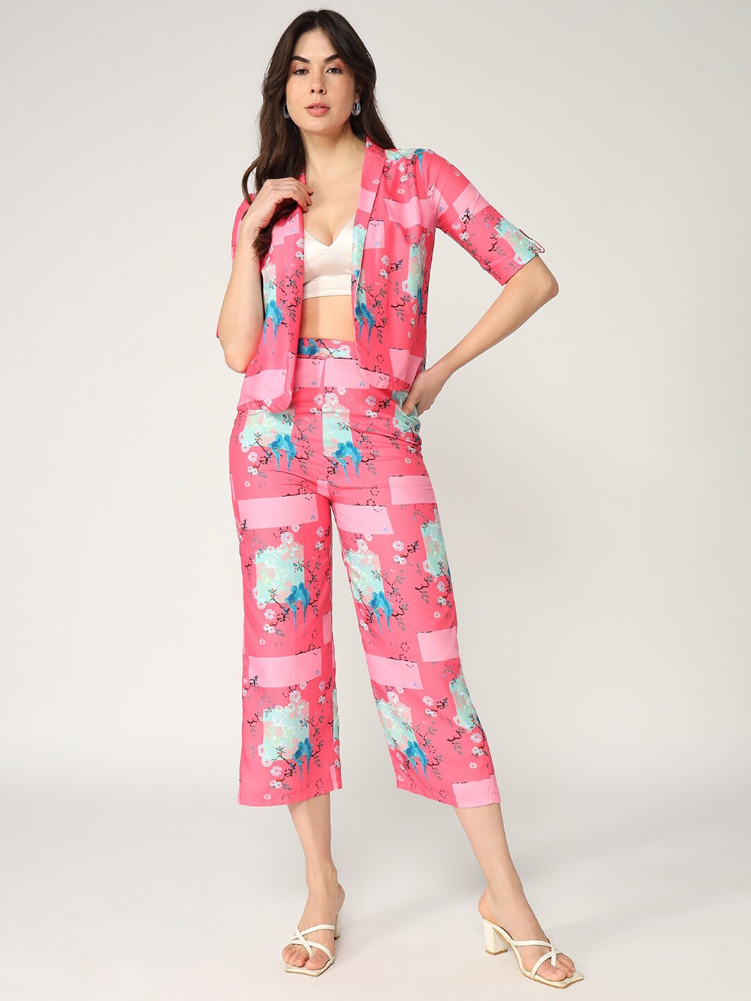 

Pannkh Floral Printed Shawl Neck Blazer With Trousers, Pink