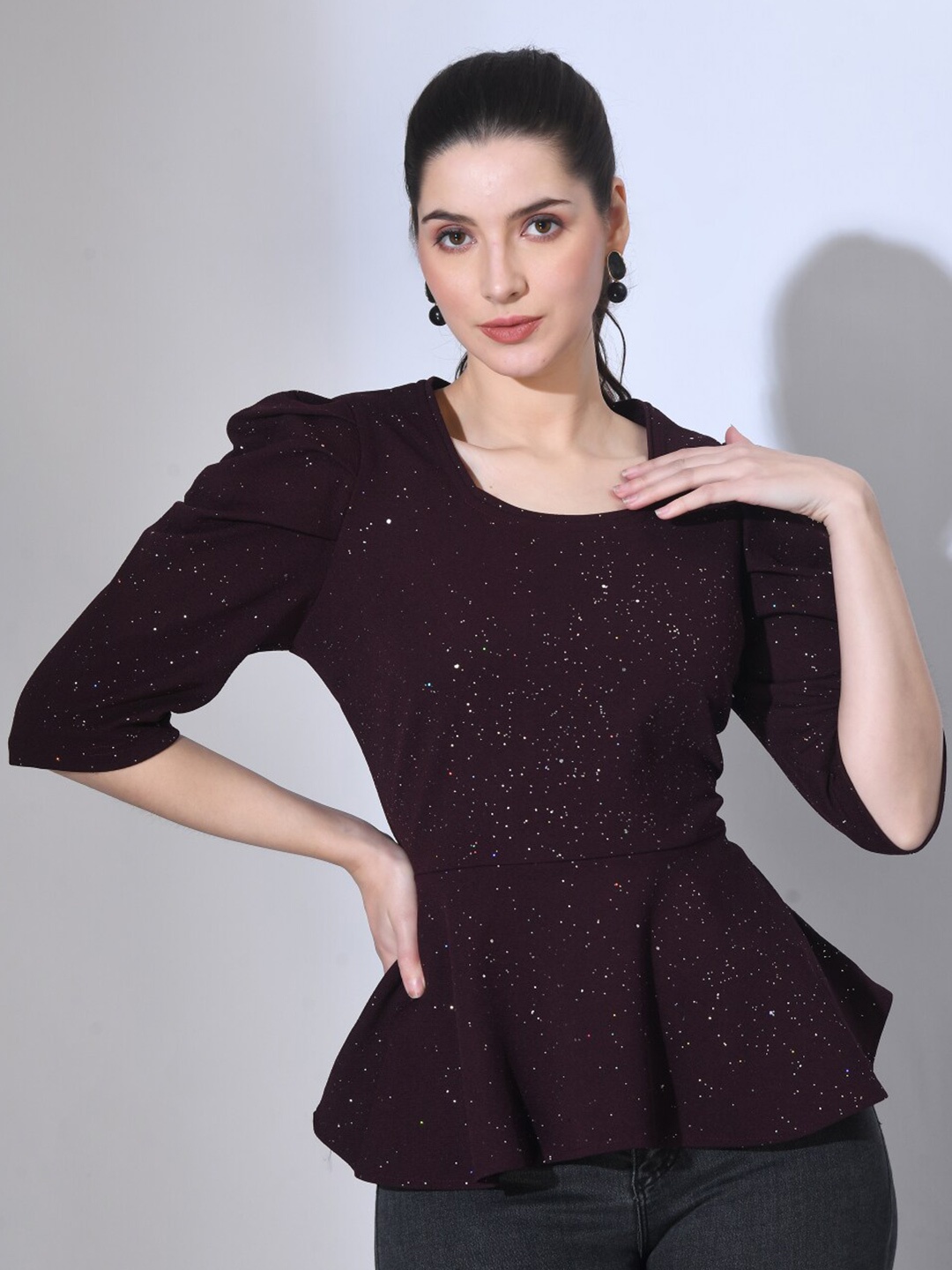 

IUGA Embellished Puff Sleeve Peplum Top, Purple