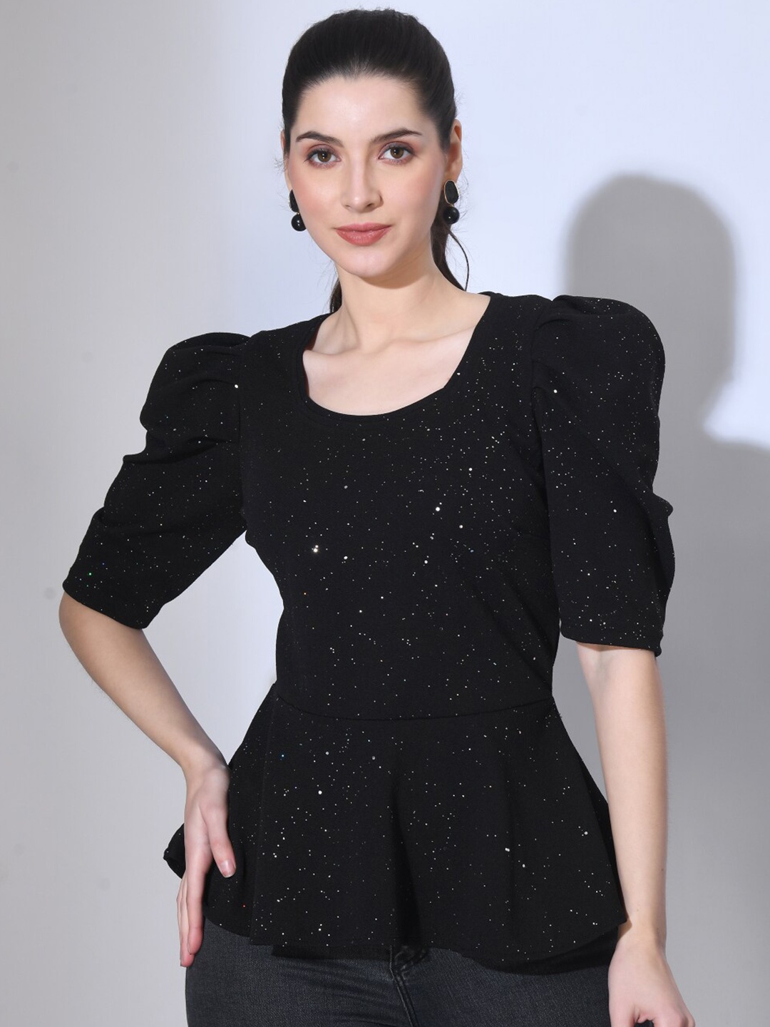 

IUGA Embellished Puff Sleeve Peplum Top, Black