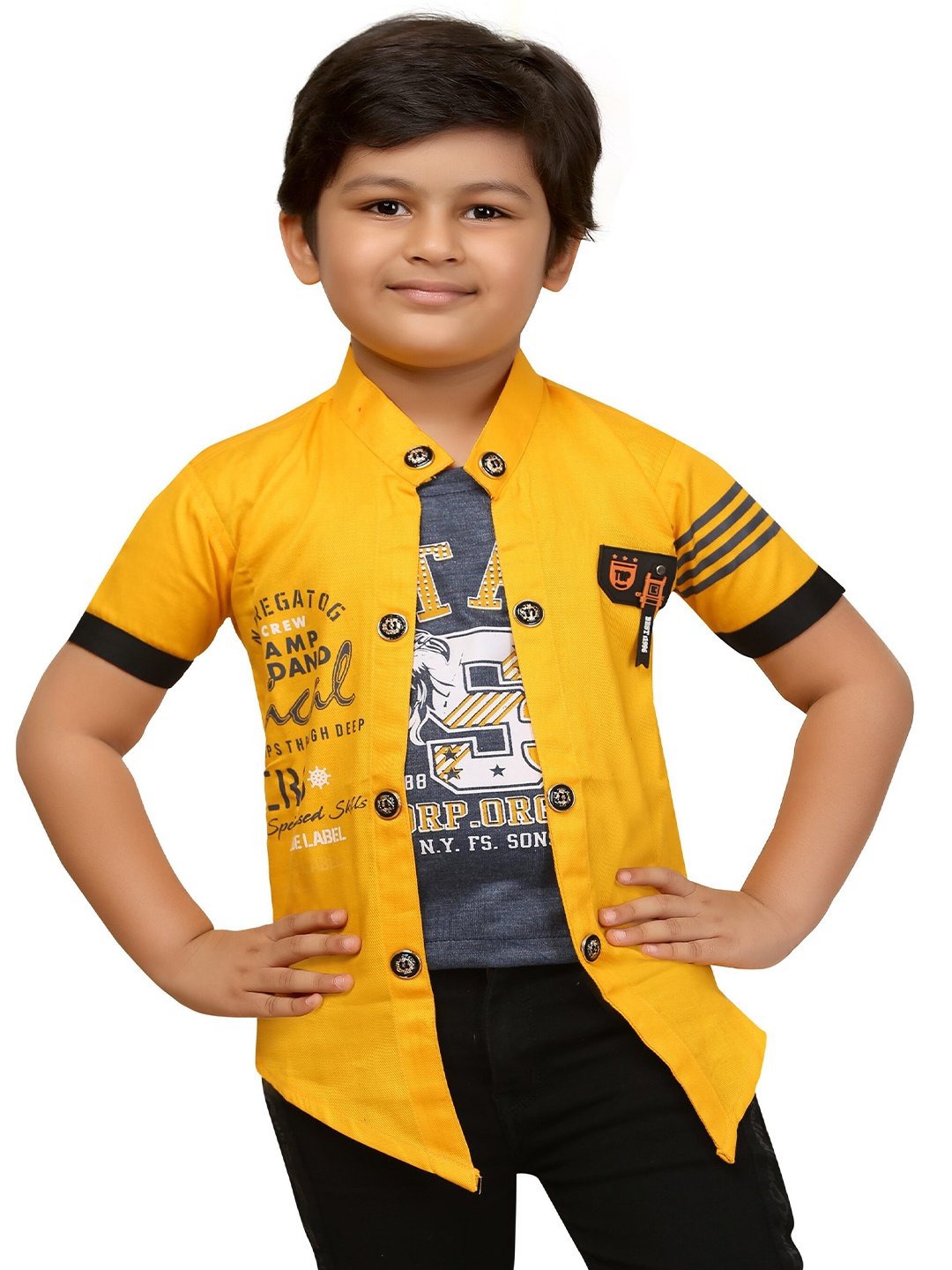 

BAESD Boys Typography Printed Lightweight Open Front Jacket With Attached T-shirt, Yellow