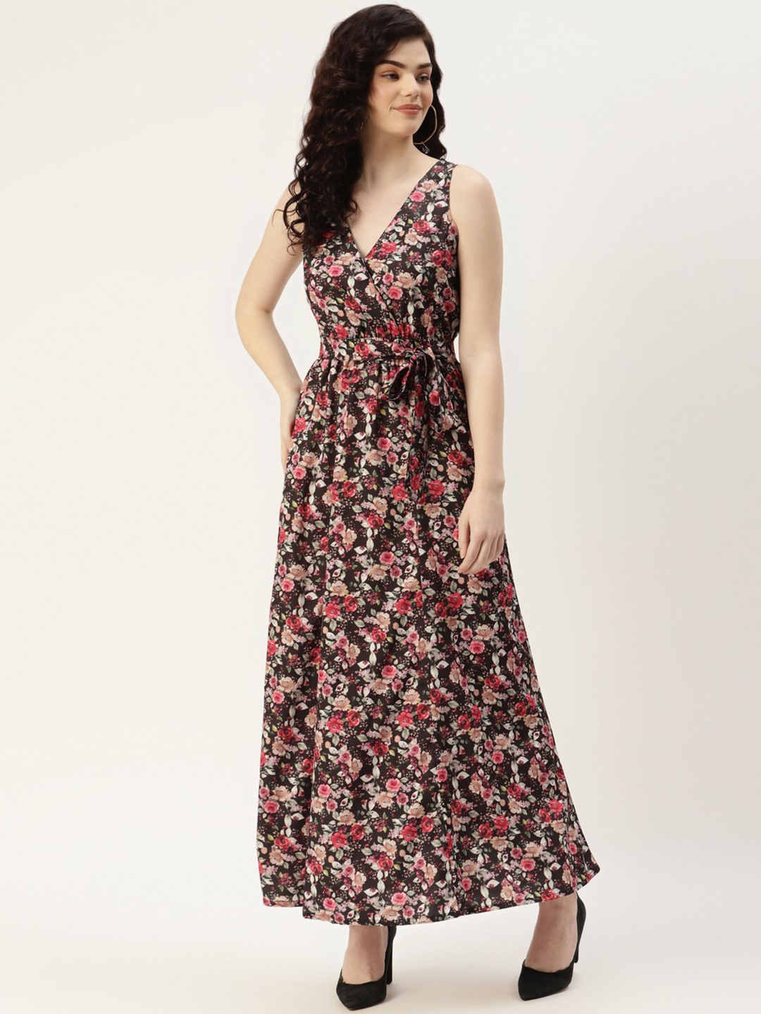 

Sleek Italia Floral Printed V Neck Sleeveless Crepe Maxi Dress, Beige