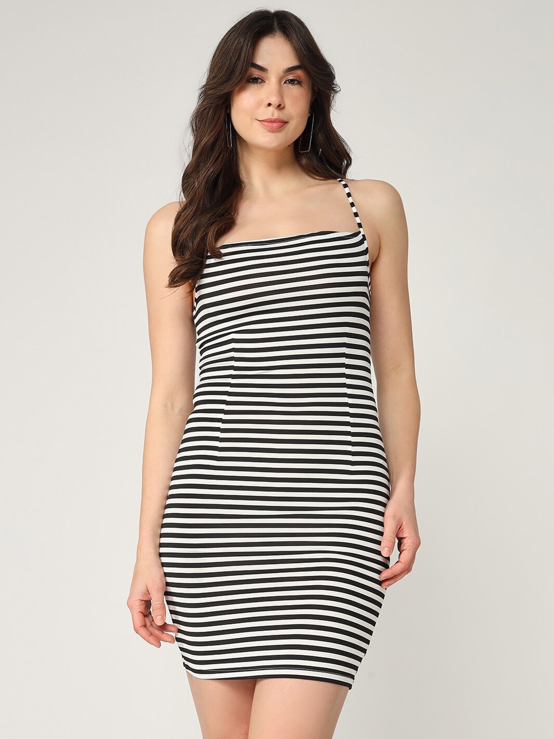 

Zima Leto Striped Printed Shoulder Straps Mini Bodycon Dress, White