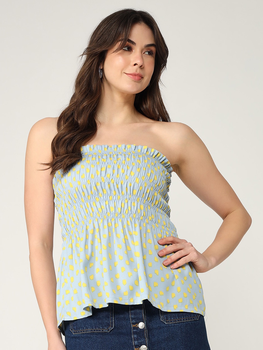 

Zima Leto Conversational Printed Strapless Smocked Tube Top, Grey