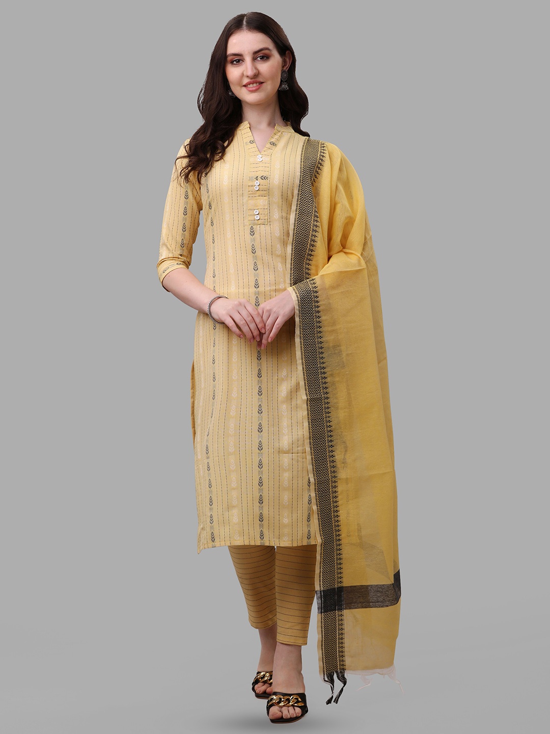 

CANIZZARO Striped Woven Design Mandarin Collar Cotton Straight Kurta with Trousers Dupatta, Yellow