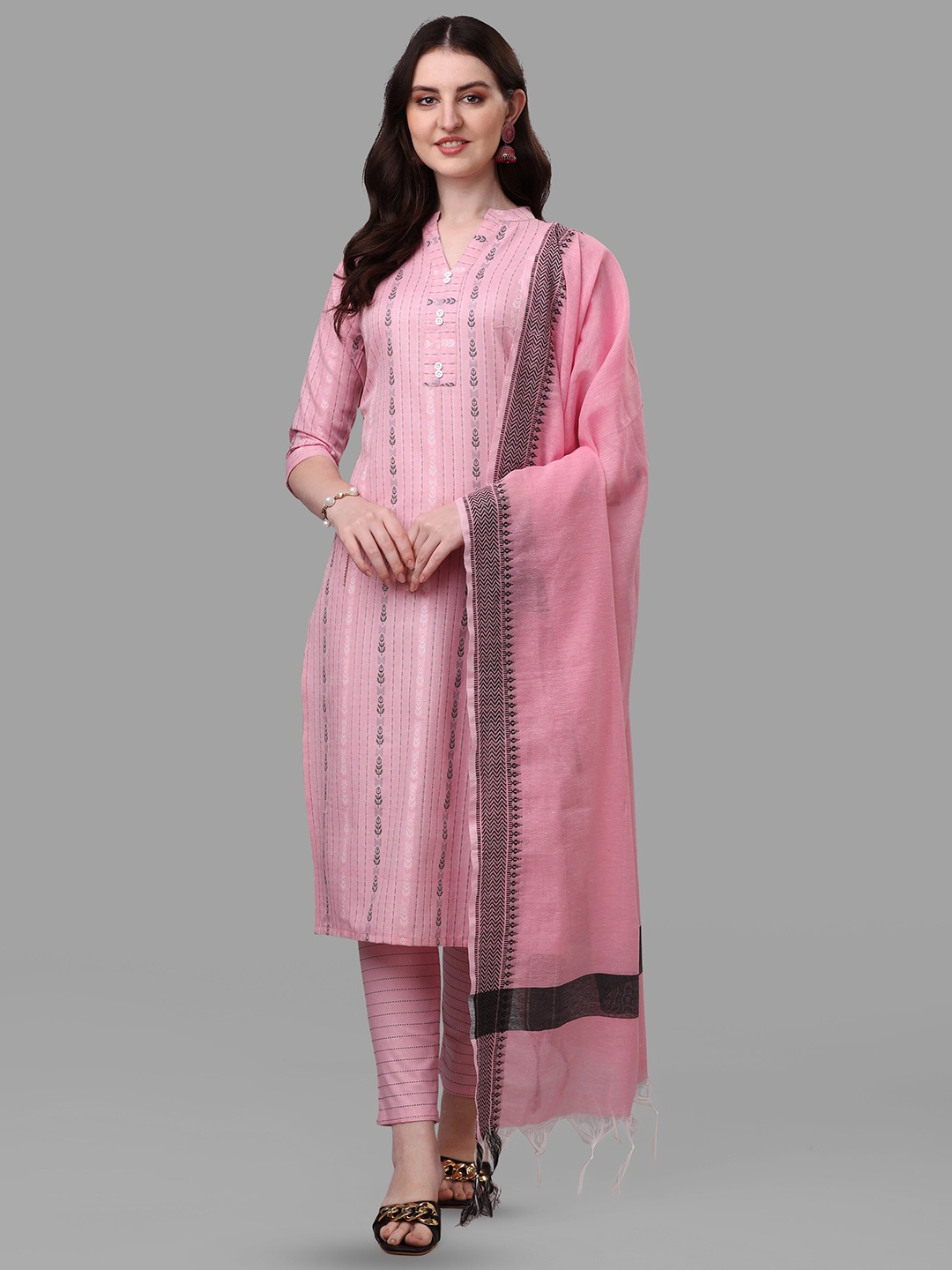 

CANIZZARO Striped Woven Design Mandarin Collar Cotton Straight Kurta with Trousers Dupatta, Pink