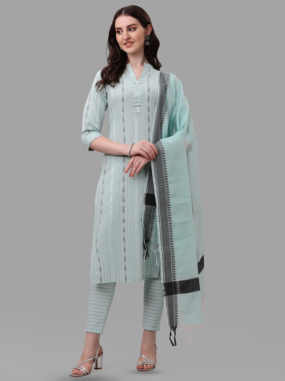 

CANIZZARO Striped Woven Design Mandarin Collar Cotton Kurta with Trousers Dupatta, Blue