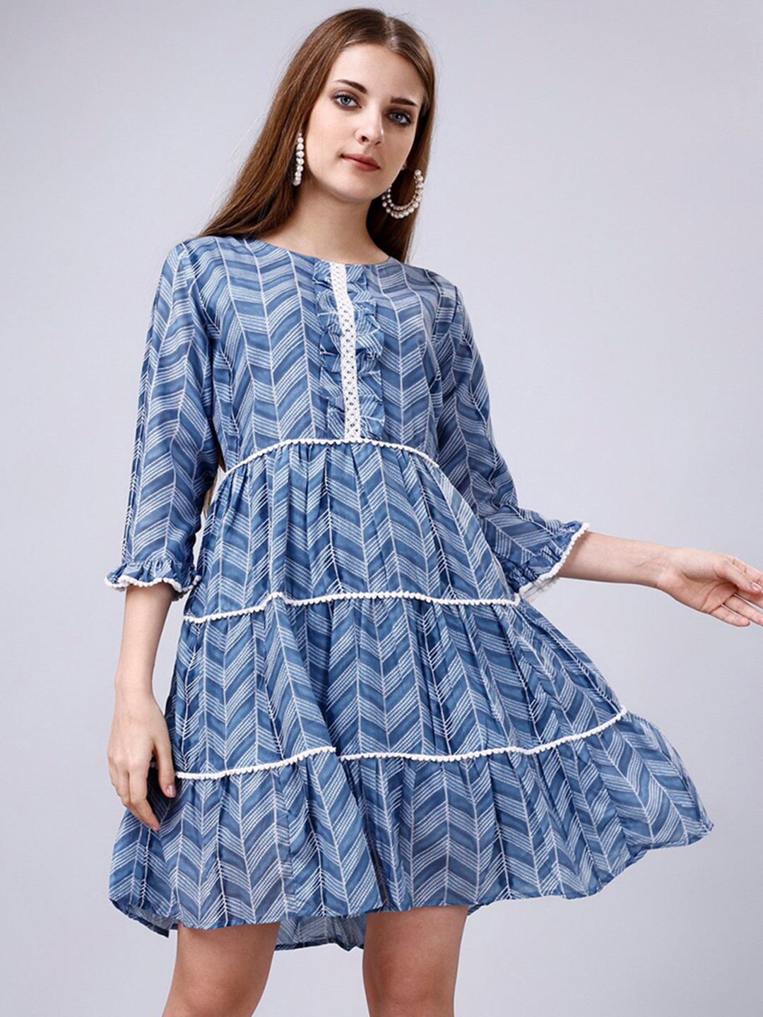 

GoStyle Women Printed Cotton Flared Dress, Blue