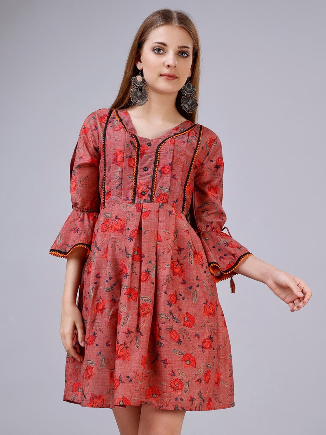 

GoStyle Floral Printed Bell Sleeves Cotton Fit and Flare Dress, Maroon