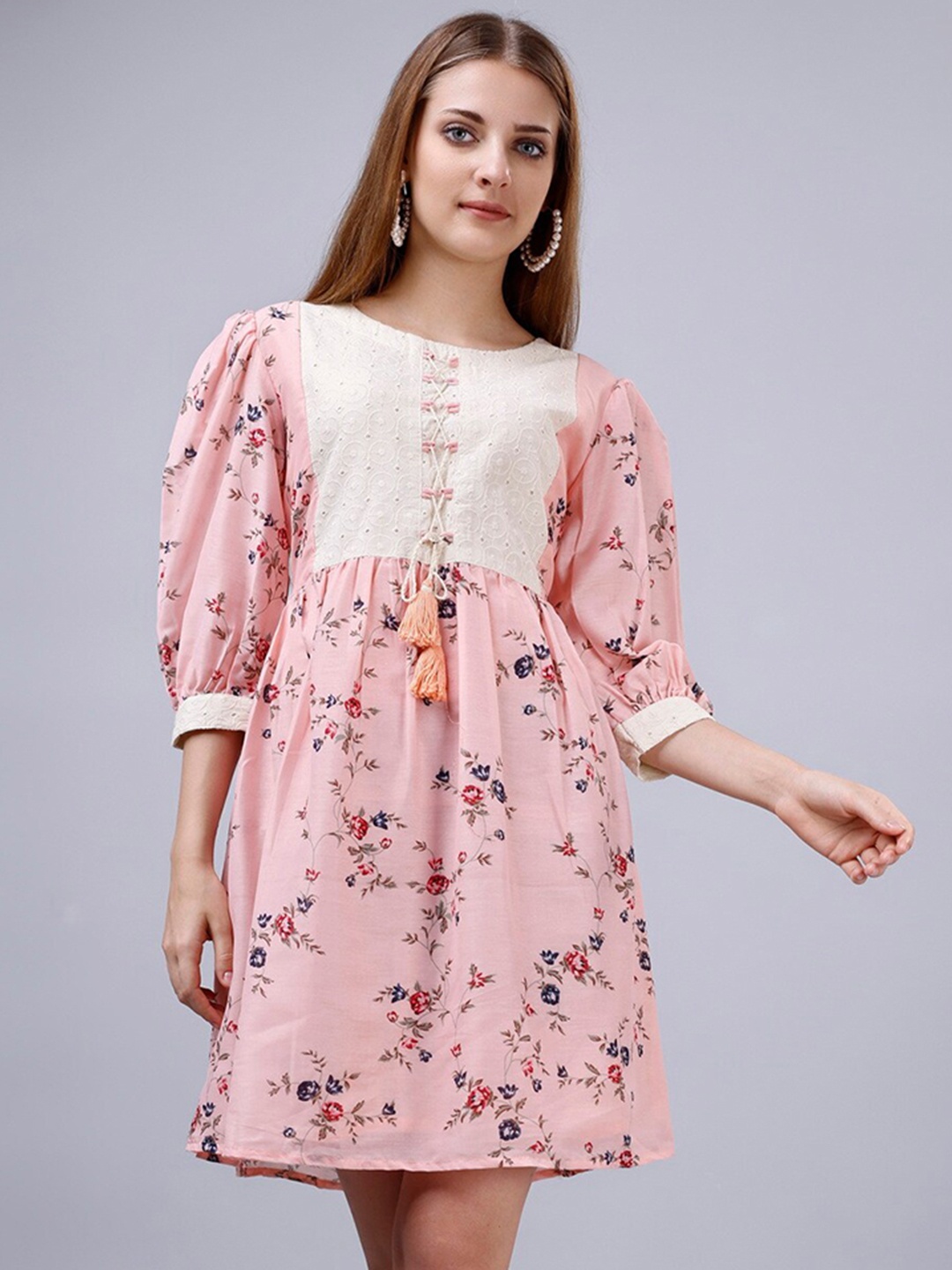 

GoStyle Floral Printed Puffed Sleeves Tie-Ups Cotton Fit and Flare Dress, Pink