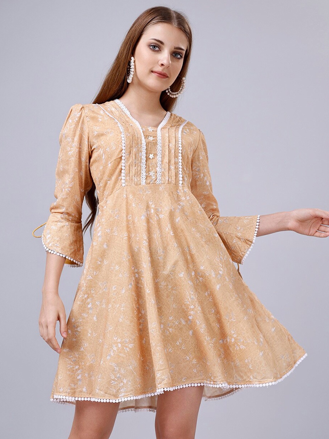 

GoStyle Floral Printed Puffed Sleeves Cotton Fit and Flare Dress, Beige