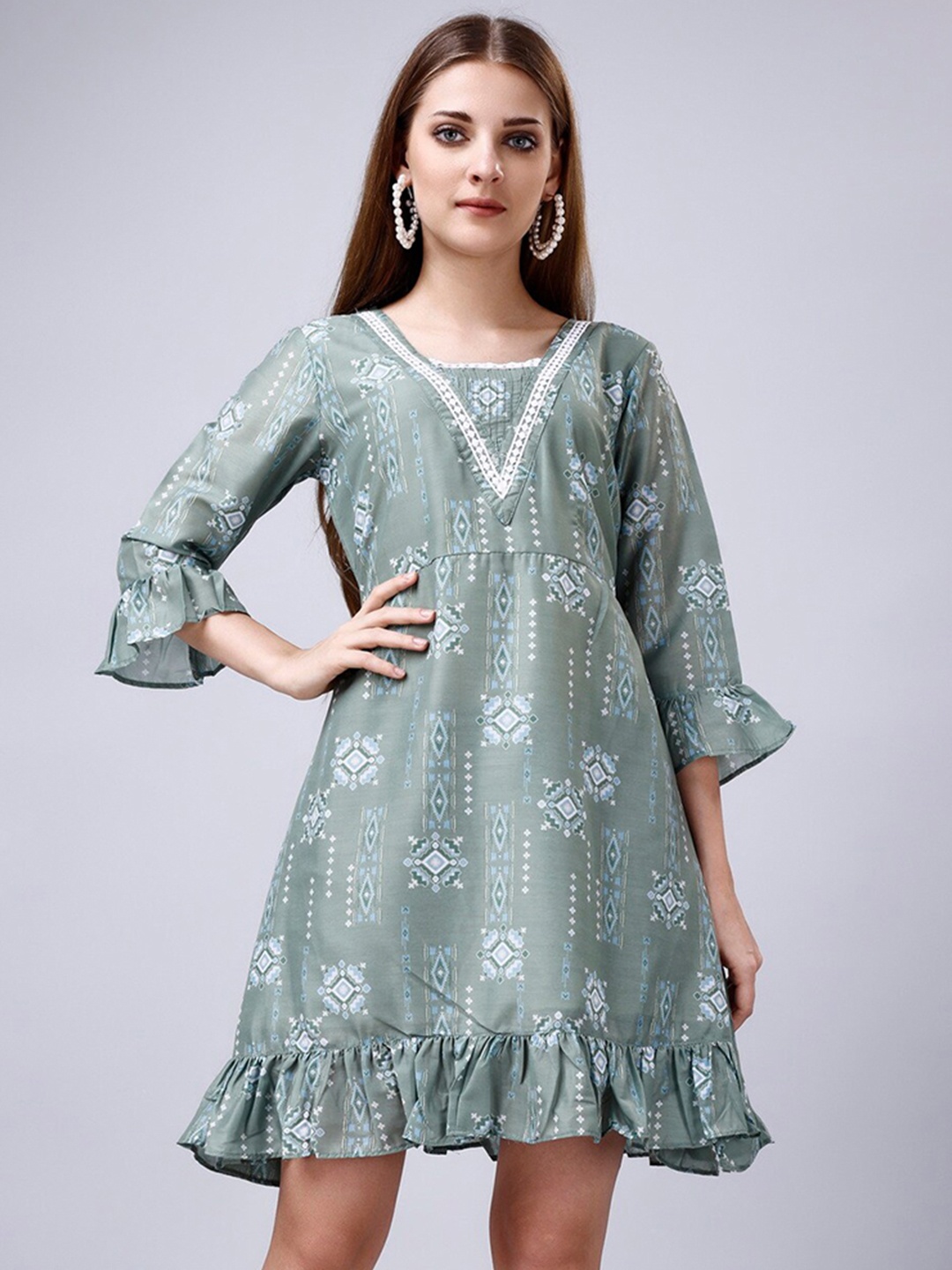 

GoStyle Floral Printed Bell Sleeves Cotton Fit and Flare Dress, Grey