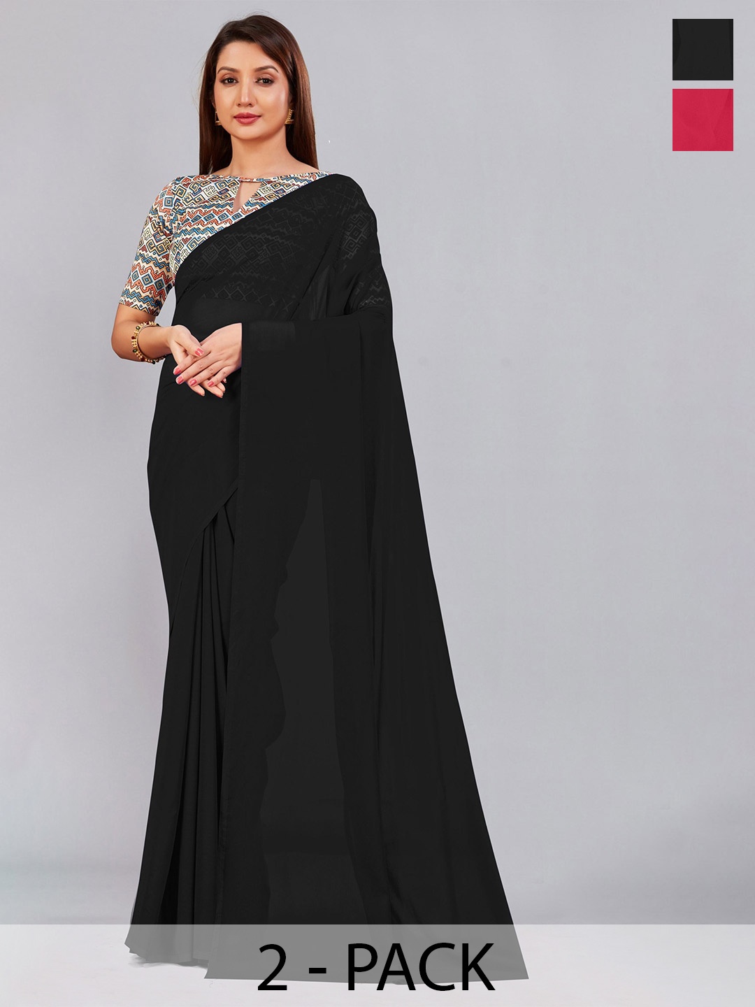 

CastilloFab Selection Of 2 Pure Georgette Saree, Black