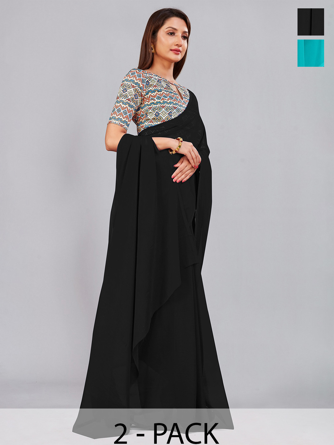 

CastilloFab Black & Green Pure Georgette Saree