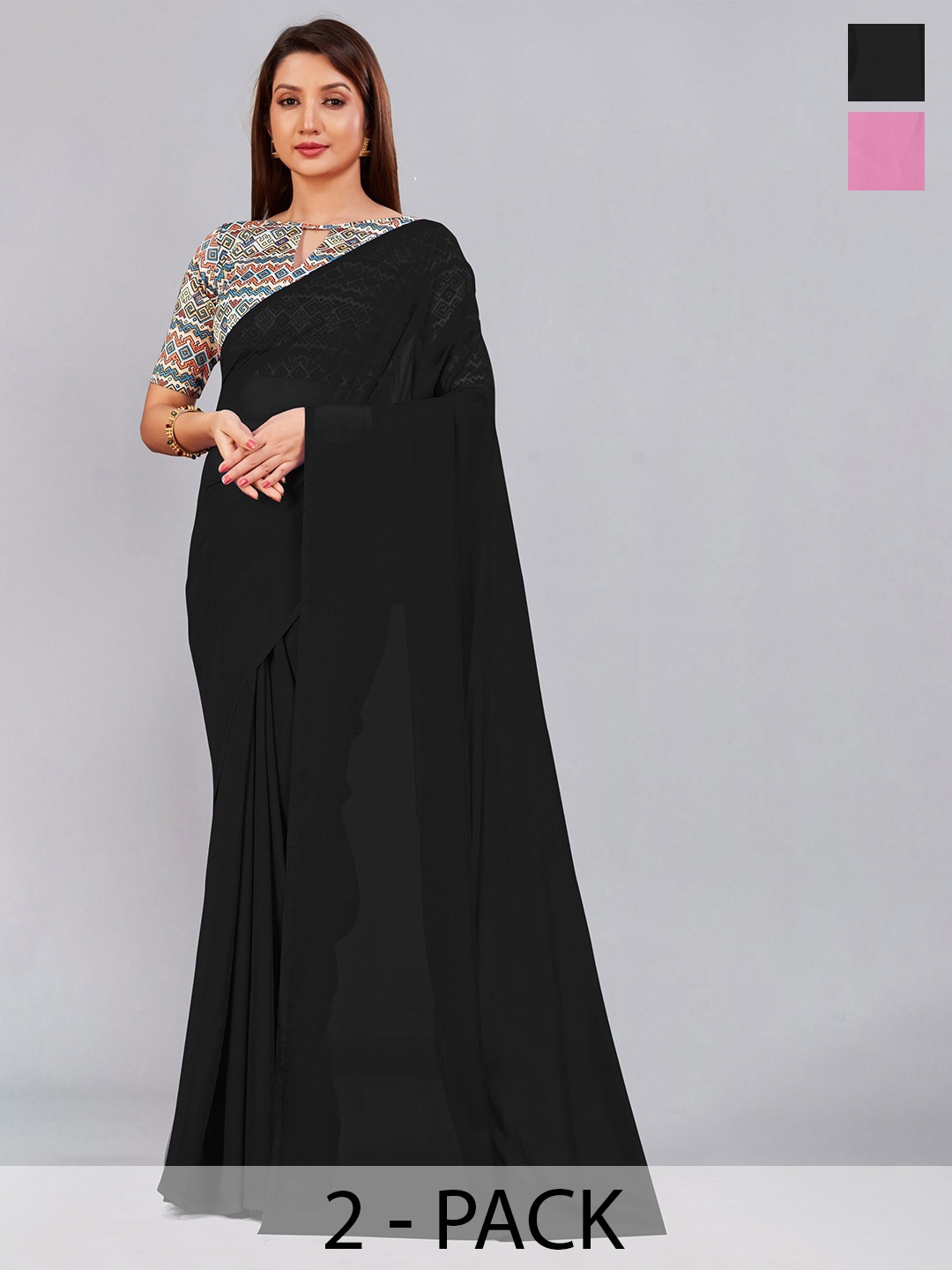 

CastilloFab Selection Of 2 Ethnic Pure Georgette Sarees, Black