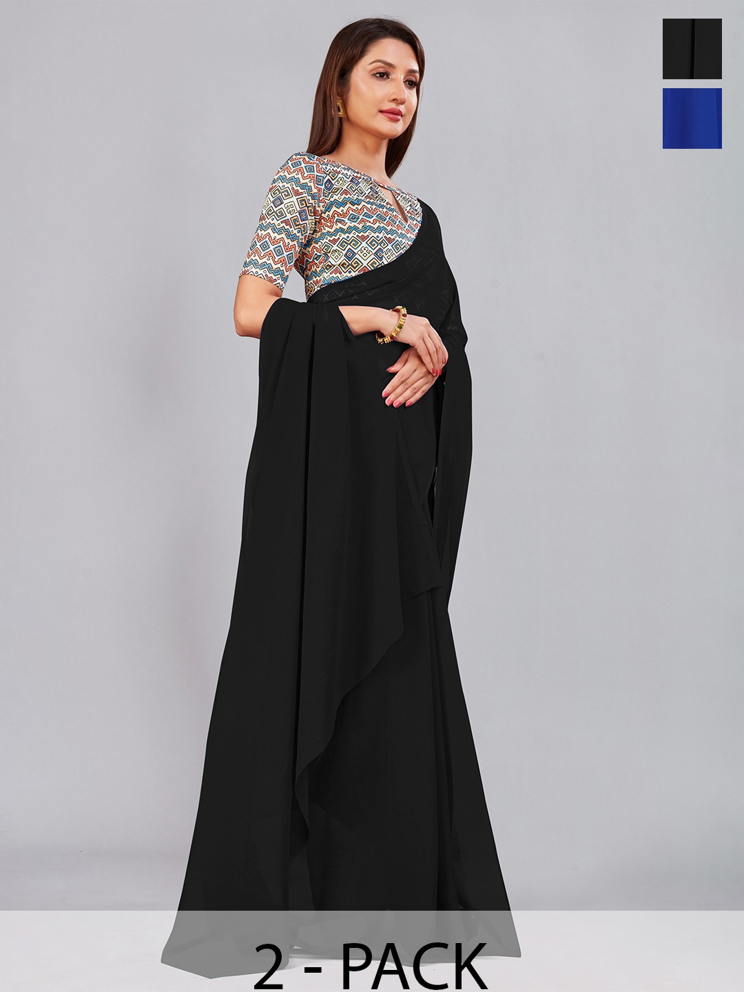 

CastilloFab Selection of 2 Pure Georgette Saree, Black