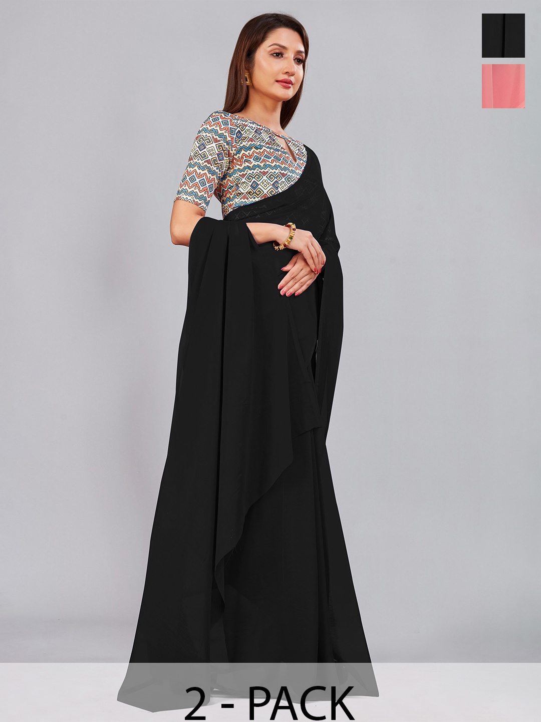 

CastilloFab Selection of 2 Pure Georgette Saree, Black