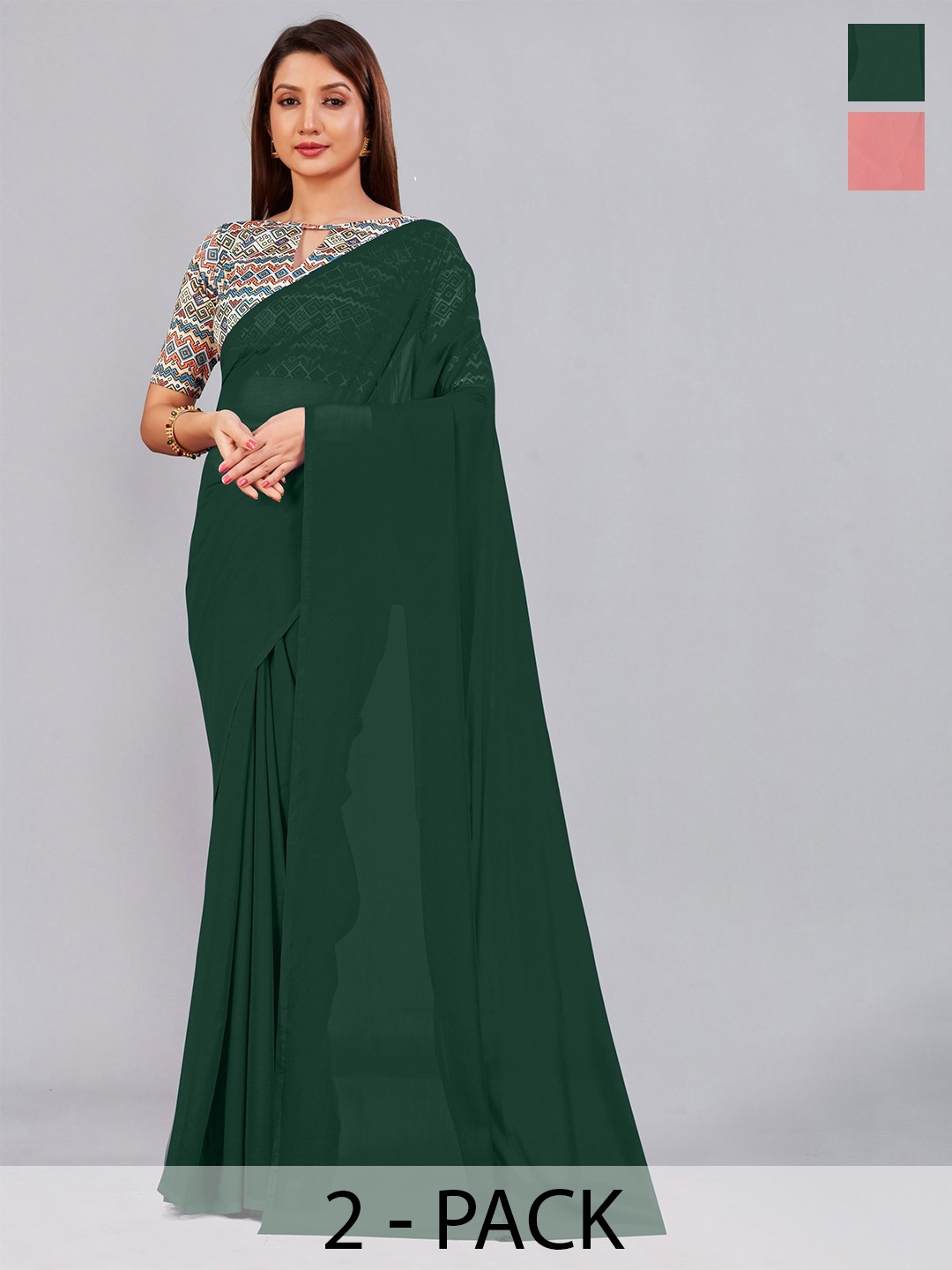 

CastilloFab Selection of 2 Pure Georgette Saree, Green