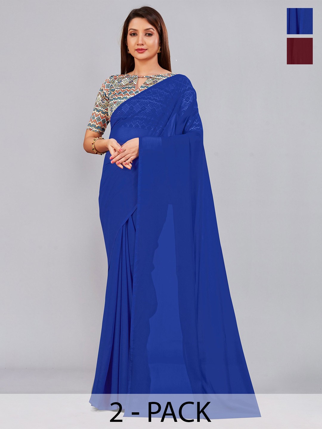 

CastilloFab Blue & Maroon Selection of 2 Pure Georgette Sarees