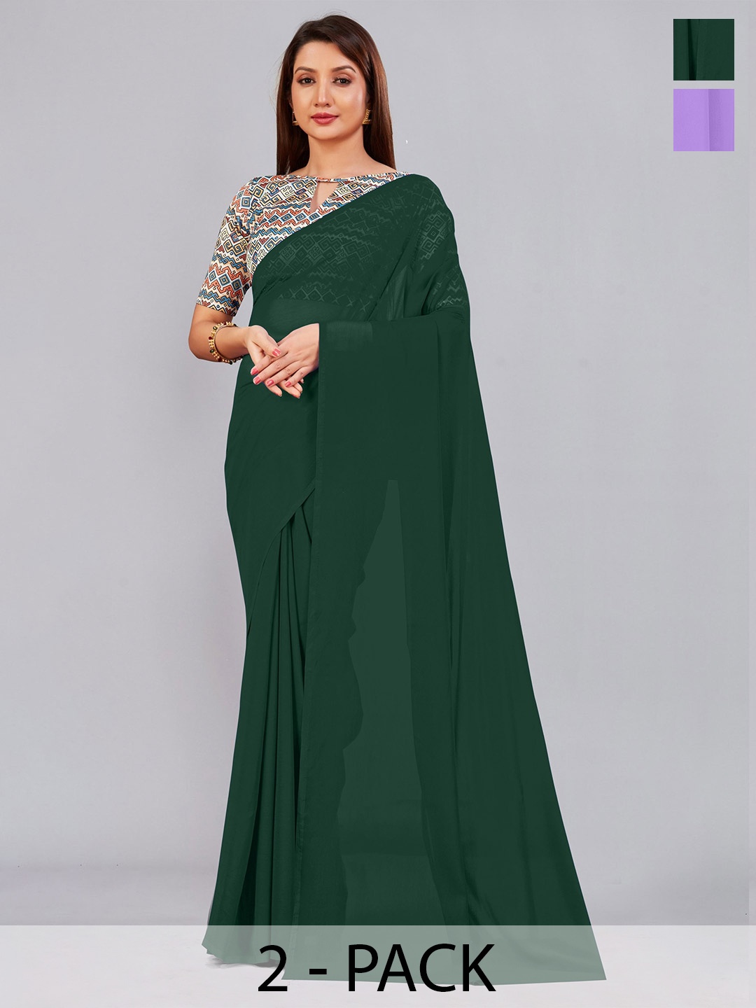 

CastilloFab Selection of 2 Pure Georgette Saree, Green