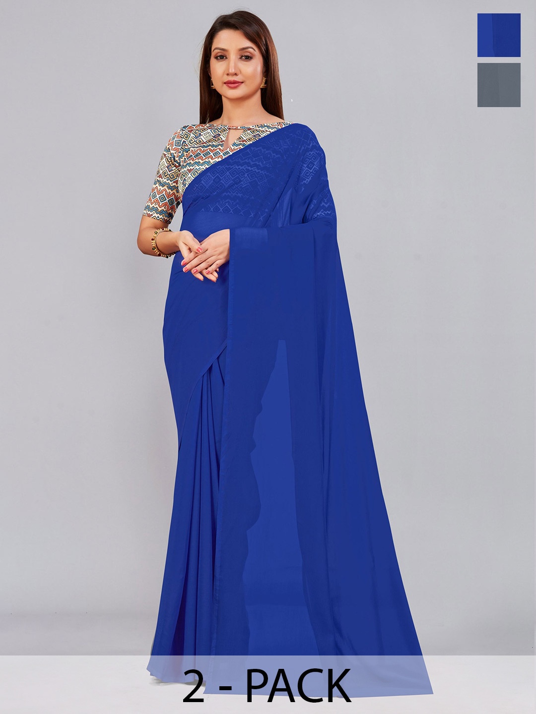 

CastilloFab Blue & Grey Pure Georgette Saree