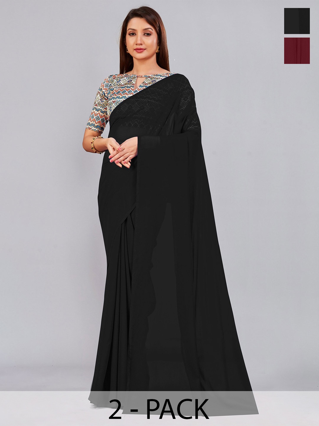 

CastilloFab Selection of 2 Pure Georgette Sarees, Black