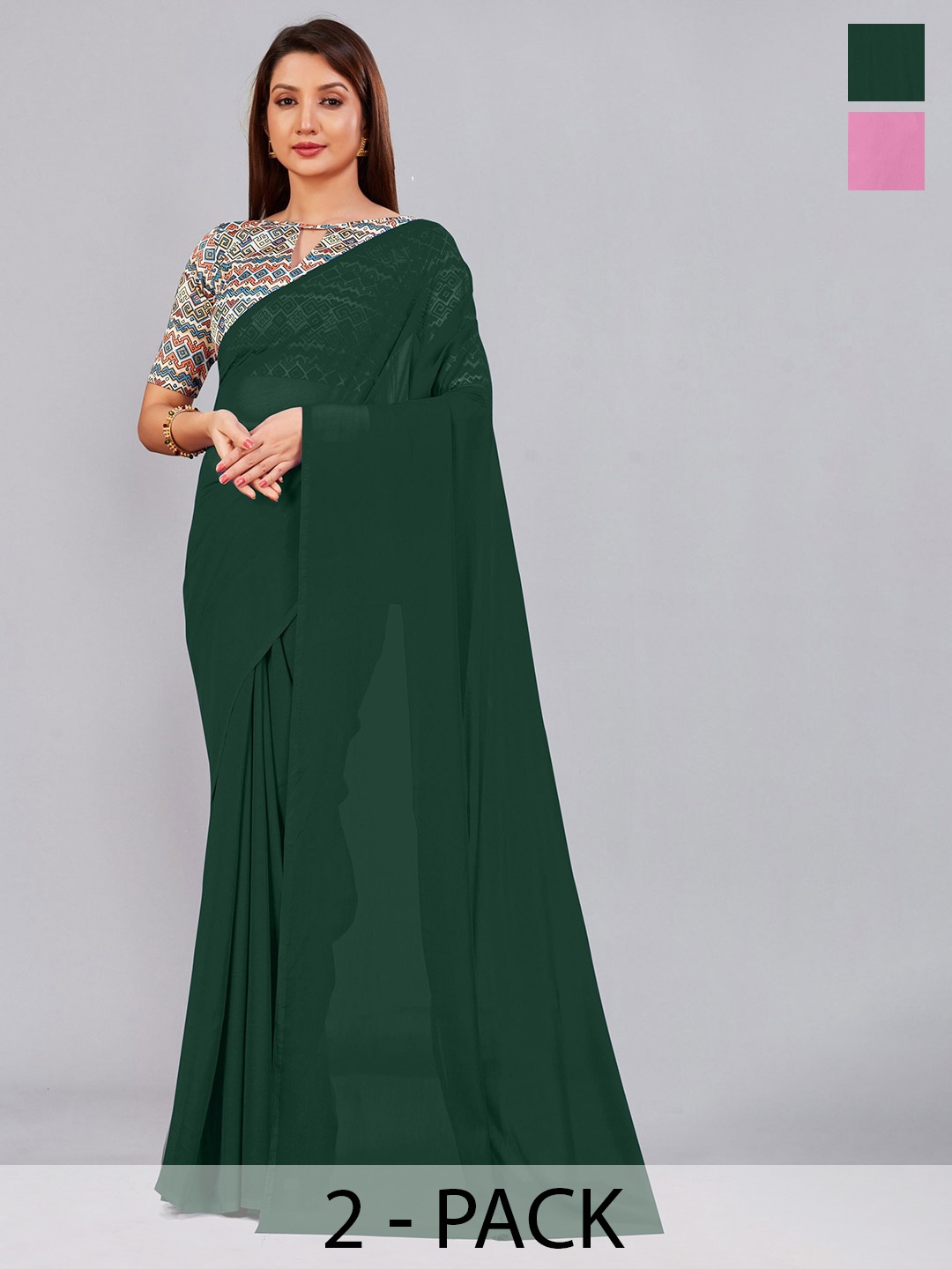 

CastilloFab Selection of 2 Sarees Pure Georgette Saree, Green