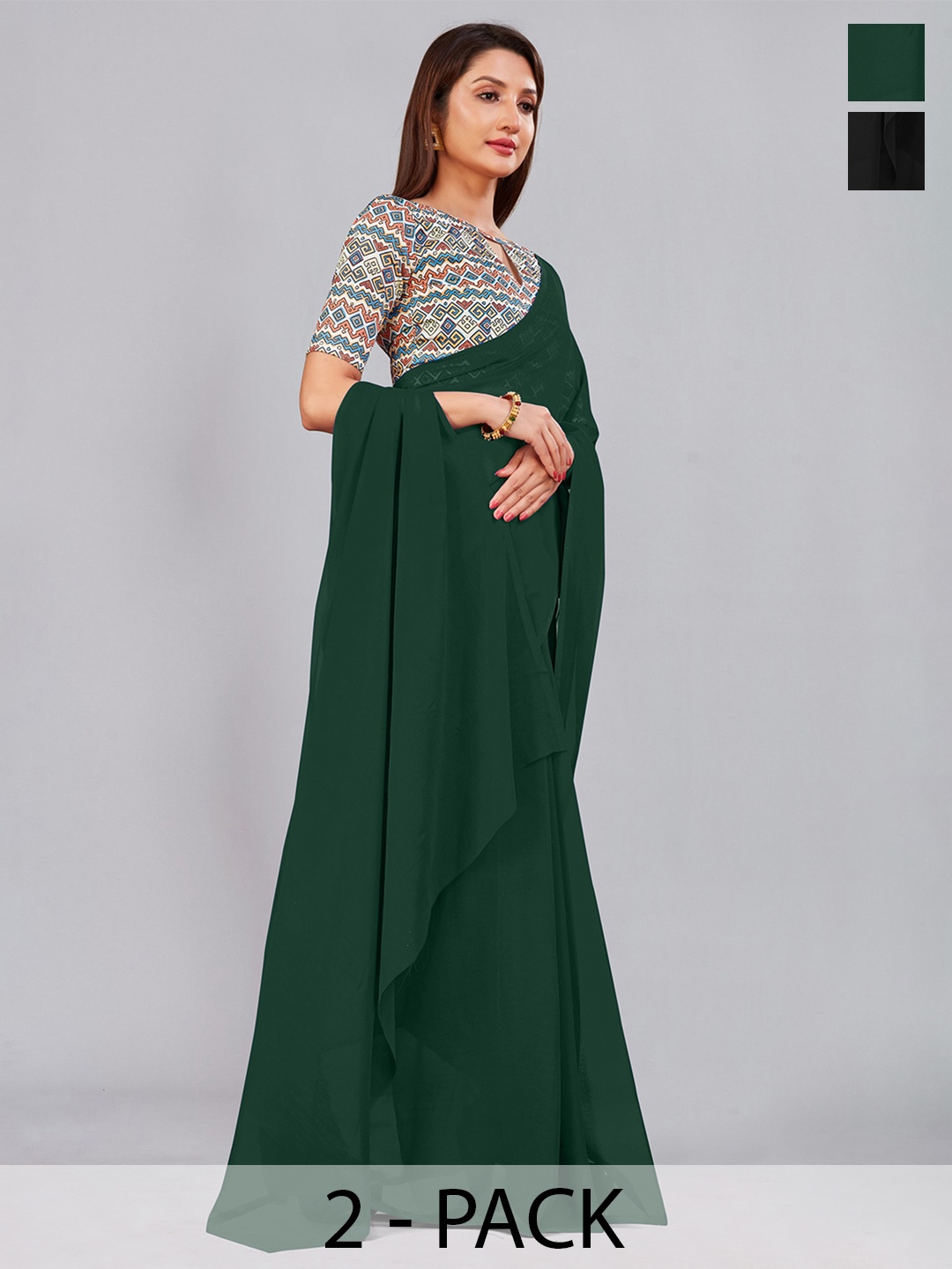 

CastilloFab Selection of 2 Pure Georgette Sarees, Green