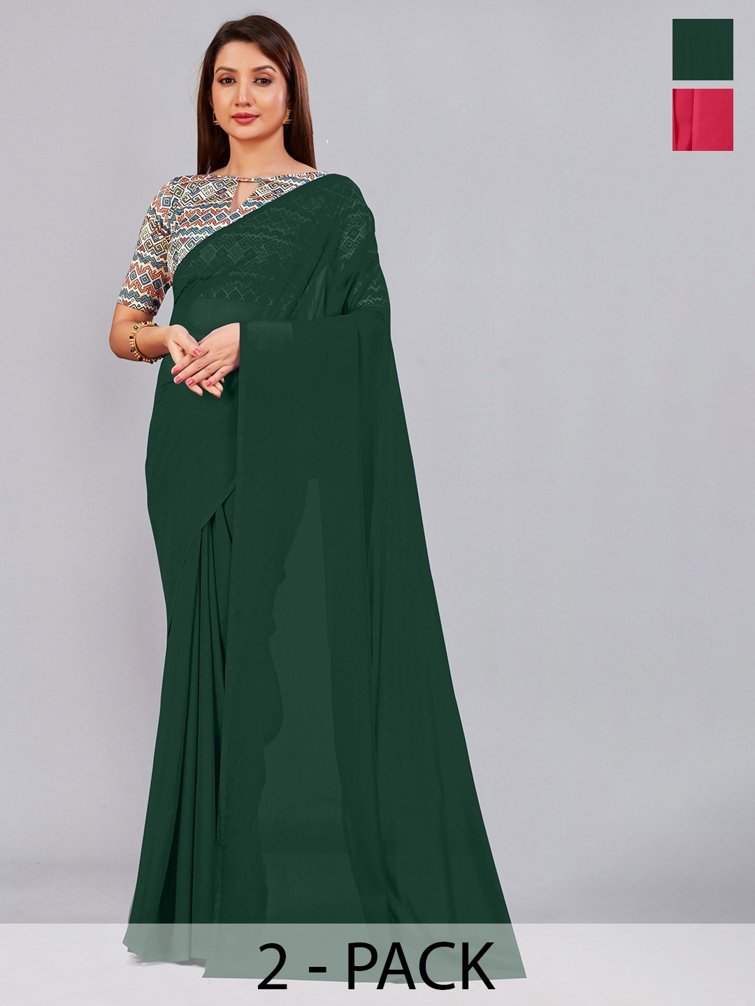 

CastilloFab Selection of 2 Pure Georgette Saree, Green