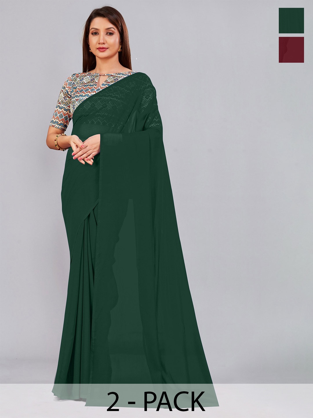 

CastilloFab Selection of 2 Pure Georgette Saree, Green
