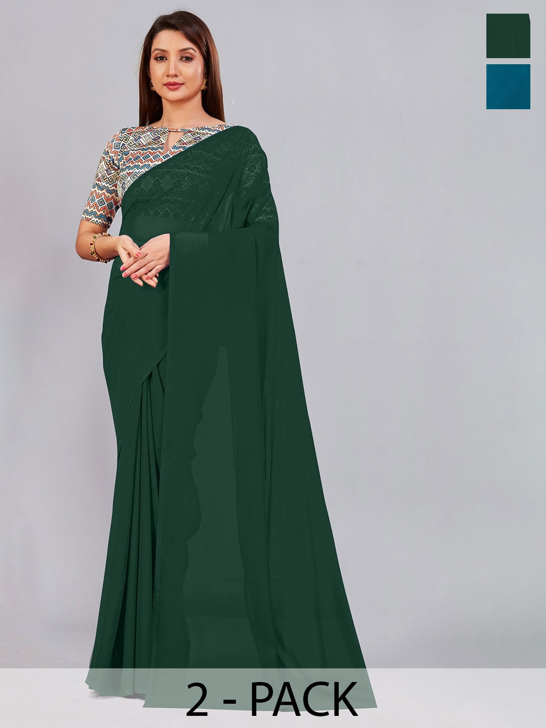 

CastilloFab Green & Blue Selection of 2 Pure Georgette Sarees