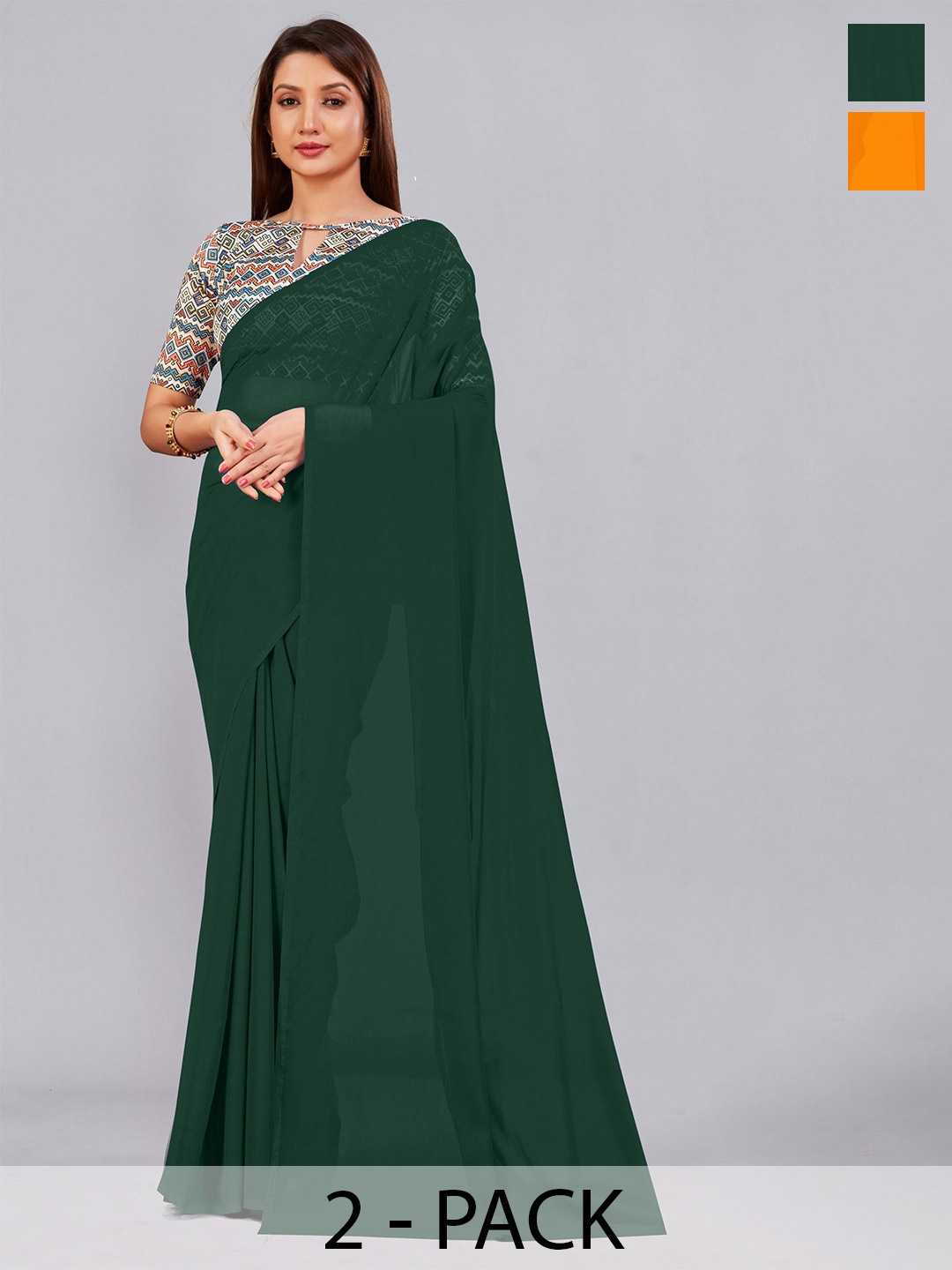 

CastilloFab Selection Of 2 Pure Georgette Saree, Green