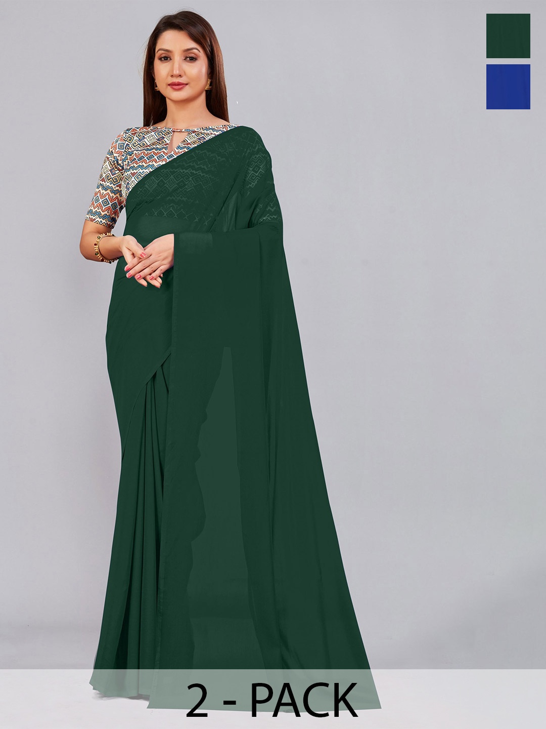 

CastilloFab Selection of 2 Pure Georgette Saree, Green
