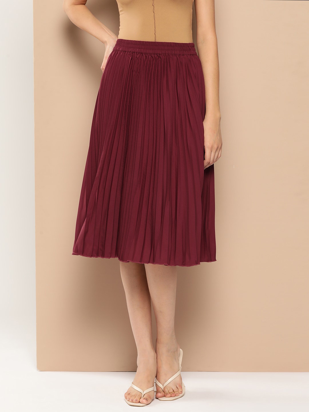 

her by invictus Accordian Pleated Flared Skirt, Maroon