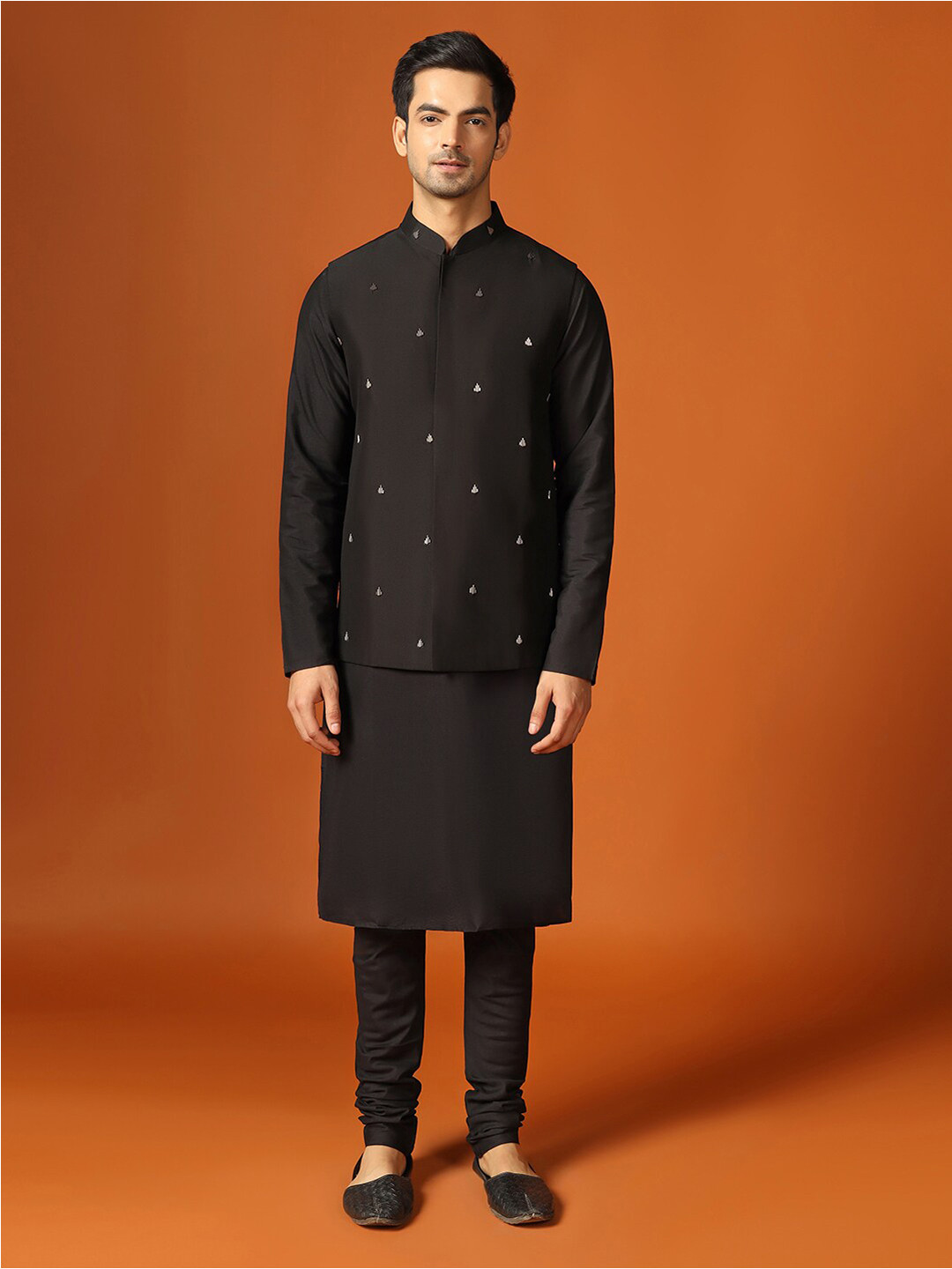 

KISAH Printed Straight Kurta with Churidar & Nehru jacket, Black
