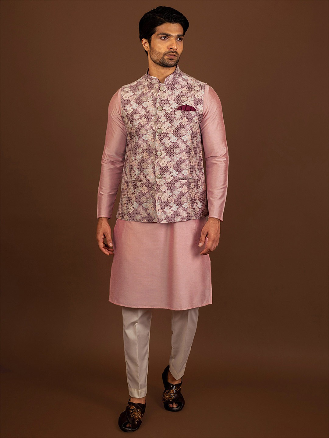 

KISAH Floral Printed Straight Kurta with Churidar & Nehru jacket, Beige